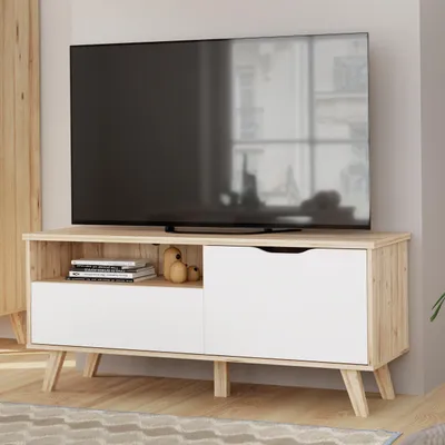 Zdjęcie produktu dla Szafka pod telewizor - VANKKA - dąb / biały matowy - 124,4 x 41,7 x 54,3 cm
