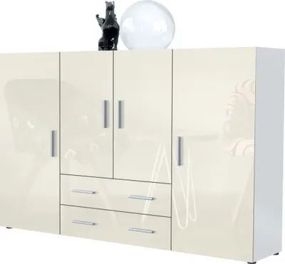 Produktbild von Vladon Highboard Nora Anrichte mit 2 Schubladen und 4 Türen mit insgesamt 8 Fächer dahinter, Weiß matt/Creme Hochglanz (166,5 x 106,5 x 35 cm)