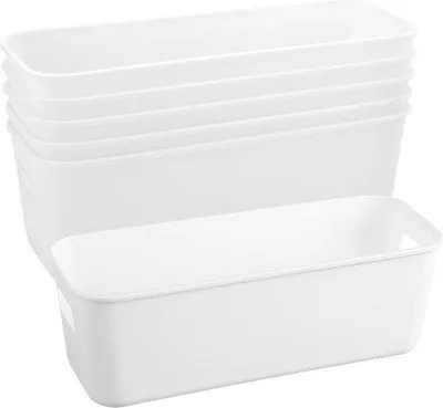 Imagen del producto de Juego de 6 cestas de plástico con asas, organizadores apilables de 27,5 x 10,5 x 9,5 cm, color blanco, ideales para la cocina, el baño, la oficina o la habitación de los niños