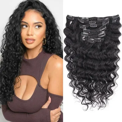 Image de Extensions à clipser, cheveux naturels, bouclés, 55 cm, 120 g, 8 pièces, couleur noire naturelle