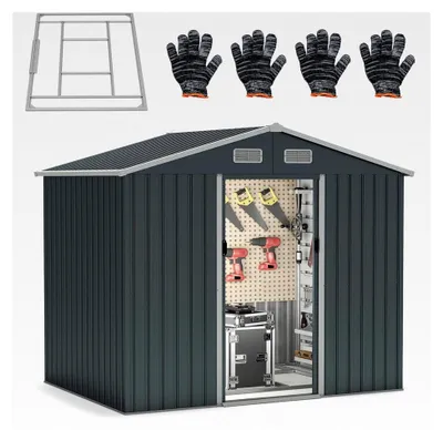 Produktbild von Metallgerätehaus mit Satteldach, 235x171x196cm, 7,95 m³, Gartenhaus mit 2 Schiebetüren, 2 Lüftungsfenstern und 2 Handschuhen, wetterfest, Grau