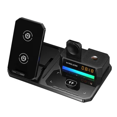 Produktbild von Kabelloses 6-in-1 Ladegerät – Schnellladung für Handy, iWatch, AirPods, LED Uhr & RGB Licht, Bluetooth Musikstation