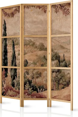 A three-panel folding screen with a landscape tapestry.