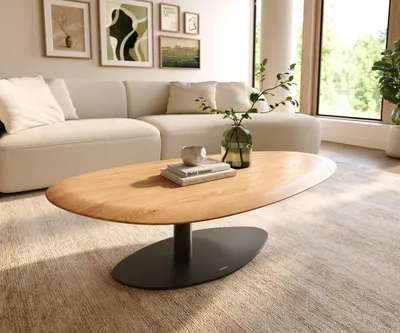 Produktbild von DELIFE Couchtisch Edge Oval 140x75 cm Eiche Natur Runde Kante Vibany Metall Schwarz