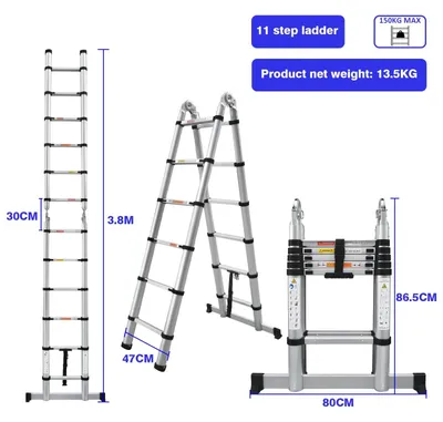 Obrázek produktu pro Teleskopická žebřík - Oboustranná skládací žebřík, výška 3,8 m, 6+6 schodů - Domácí žebřík z hliníku, nosnost 150 kg - S stabilizátorem a bezpečnostním zámkem - Stříbrná barva