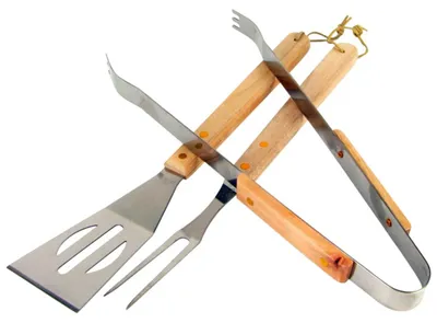 Image de BURI BBQ Couverts pour barbecue 3 PIÈCES. Acier inoxydable Manche en bois Couverts Barbecue Pince Manette Fourchette