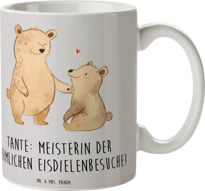 Produktbild von Mr. & Mrs. Panda Tasse Tante Eisdielenmeisterin - Grau Pastell - Geschenk, Dankeschön, Kaffeebecher, Nichte, Geschenke, Teetasse, Humor, Verwandtschaft, Becher, Neffe