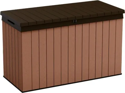 Produktbild von Keter Gartenbox "Darwin" 662L Braun - 143x65x78 cm - naturgetreue Holzoptik - Deckel bis 300 kg belastbar - mit Gasdruckfedern