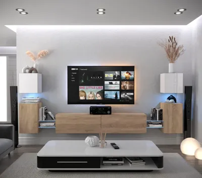 Produktbild von Furnitech Wohnwand Wohnzimmer - Hängend Wohnwand Modern - Regale und TV Schrank - Wohnzimmer Möbel ohne LED (AN105-21WS-HGM7 1B)