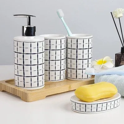 Produktbild von Famanu Badkamerset 4-teilig - Keramische Badezimmeraccessoires mit minimalistischem Design