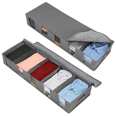 Produktbild von Unterbett-Aufbewahrungstaschen mit abnehmbaren Trennwänden, staub- und feuchtigkeitsbeständig, faltbar, für Bettdecken, Decken, Kleidung - 2 Stück.