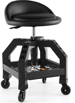 Produktbild von COSTWAY Werkstatthocker Höhenverstellbar, Werkstatt Rollhocker 150 kg Tragkraft mit Werkzeugablage, Werkstattstuhl Rollsitz Schwarz