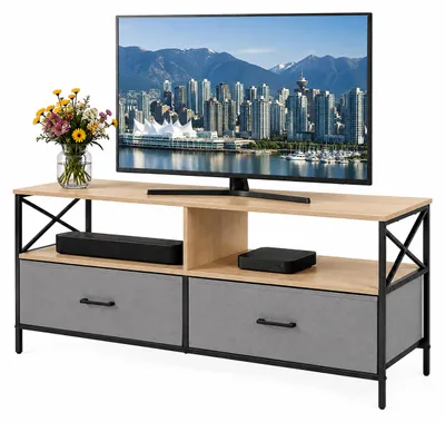 Produktbild von Relaxdays TV Lowboard, HxBxT: 50 x 120 x 40 cm, 2 Schubladen & Ablagen, MDF, Metall, Stoff, Fernsehtisch, greige/schwarz