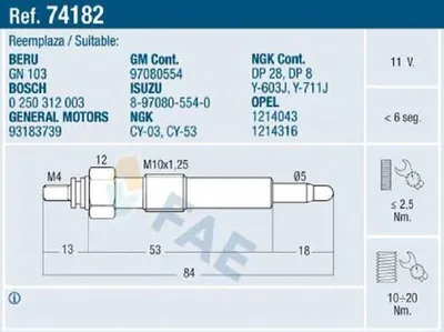 Produktbild von FAE 74182 Diesel Glühkerze für OPEL Corsa B Schrägheck (S93) M10x1.25