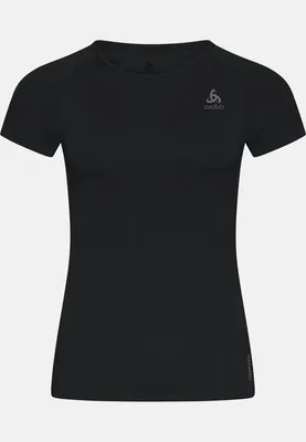 Schwarzes kurzärmeliges T-Shirt mit Rundhalsausschnitt und grauem Odlo-Logo auf der linken Brustseite