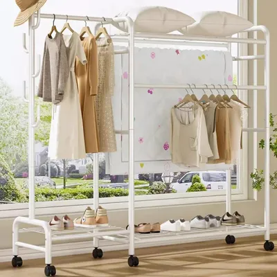 Zdjęcie produktu dla Wieszak na ubrania – wieszak garderobowy – wolnostojący – kilka drążków – metalowy – mobilny – do montażu – biały