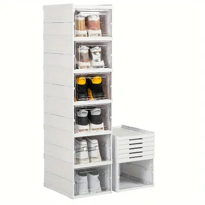 Immagine prodotto di scatole per scarpe pieghevoli a 6 livelli, senza necessità di installazione Scarpiera in plastica, contenitore per scarpe bianco, organizzatore per scarpe con porta