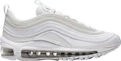 A side view of a white Nike Air Max 97 sneaker against a white background.