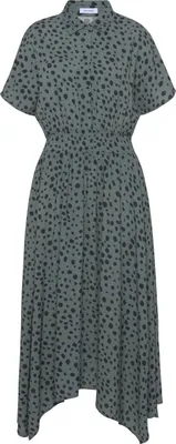 Produktbild von LASCANA Druckkleid mit Punktedruck und asymmetrischem Saum, Midikleid grün-schwarz bedruckt Größe 38