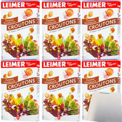 Produktbild von Leimer Croutons Zwiebel Knoblauch für Suppen Salat und zum Knabbern 6er Pack (6x100g Packung) + usy Block