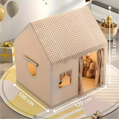 Produktbild von Kinder Spielhaus Braun 130 x 125 x 95 cm Spielzelt mit Vorhängen und Fenstern