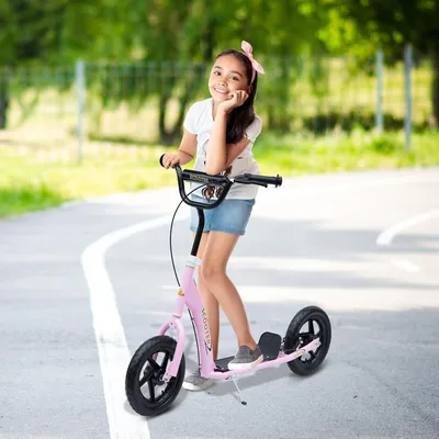 Produktbild von Kinderroller mit Ständer & Hinterradbremse, Tretroller Kickscooter, EVA-Reifen Stahl, Rosa | 120x52x80-88 cm | 12 Zoll | bis 50 kg | 5-12 Jahre