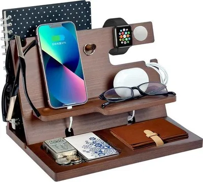 Productafbeelding van Unyqoos® 3-in-1 massief houten lade- en oplaadstation voor smartphone, iPhone, iWatch en AirPods – nachtkastje-organizer met vakken voor horloge, portemonnee en sleutels