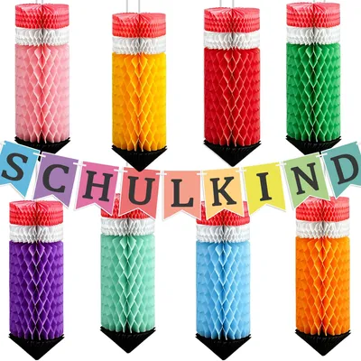 Schulkind-Dekoset: 8 Buntstift-Wabenbälle + Girlande