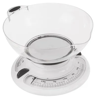 Obrázek produktu pro Mechanická kuchyňská váha – váha s miskou – kapacita 3 kg – plast – bílá barva