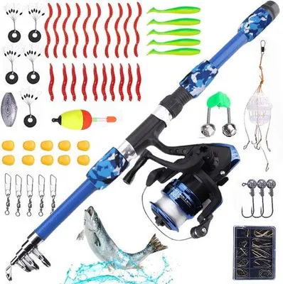 Produktbild von Kinderfischgerät: Teleskopischer Angel mit Haken, Rollen und Köder, ideal für Anfänger und Freiluftaktivitäten, 1,8m Kohlenstofffaser Angelstange