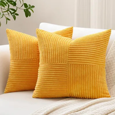 Productafbeelding van Corduroy kussenhoezen, set van 2, ruitpatroon met strepen, goudgeel, 50x50 cm