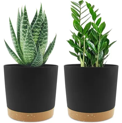 Image de Lot de 2 pots de fleurs de 16,5 cm, gris foncé, avec sous-coupe, pour intérieur et extérieur
