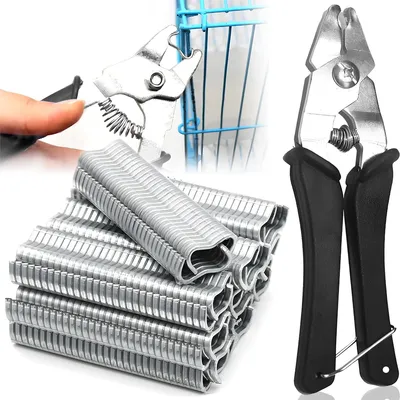 A collage showing a hand using a hog ring plier tool to attach a wire to a blue cage, a pile of M-clips, and a close-up of the hog ring plier tool.
