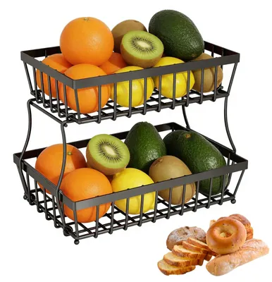 Produktbild von Obstkorb mit 2 Ebenen - Abnehmbare Etagere aus Stahl - Zur Aufbewahrung von Obst und Gemüse - Schwarz 30 x 18 x 30 cm