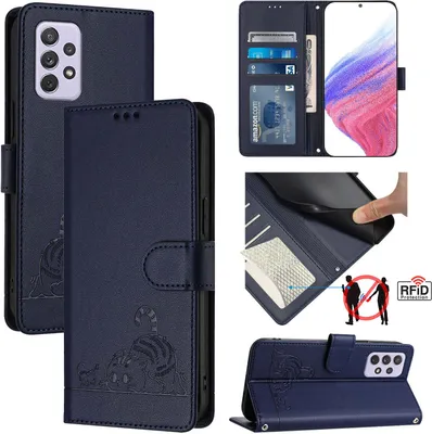 Produktbild von Leder Hülle für Samsung Galaxy A72 Süße Katze Flip Case Brieftasche Schutzhülle mit Standfunktion Blau