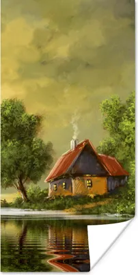 Produktbild von MuchoWow® Poster Gemälde - Ölfarbe - Haus - Natur - Wasser 60x120 cm - Wandschmuck