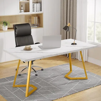 Image de Bureau ordinateur, dimensions 140 x 80 x 75 cm, blanc et doré