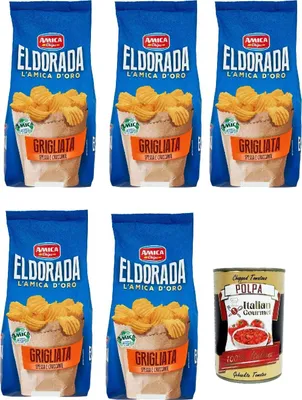 Produktbild von Amica Chips Eldorada Grigliata Salzige Kartoffelchips mit gewelltem Schnitt 5x 130g glutenfreie knusprige Kartoffel chips + Italian Gourmet polpa 400g