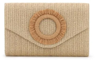 Produktbild von Unyqoos® Geflochtene Strohtasche Clutch für Damen – Naturstroh mit Polyesterfutter, 22×6×15 cm, abnehmbare 120 cm Kette, magnetischer Verschluss