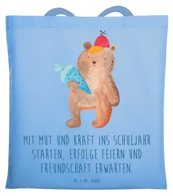 Produktbild von Mr. & Mrs. Panda Jutebeutel Mutiger Schulanfang - Sky Blue - Geschenk, Trost, Zuversicht, Jutetasche, Schulstarter, Erstklässler, Tasche, Vertrauem, feiern, Shopping
