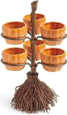 Produktbild von Halloween Kürbis Snack Schüssel Ständer Süßigkeiten Schüssel Abnehmbares Party Tablett Halloween Besen Kürbis Tassen,(6 Cups)