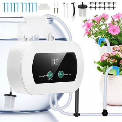 Productafbeelding van Automatisch Druppelbewateringssysteem – Programmeerbare Plantenbewatering – 10 Meter Irrigatieslang – LED Display – Batterij & USB-C