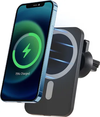 Immagine prodotto di Caricabatterie magnetico wireless per auto con clip per bocchetta di ventilazione e supporto per cellulare per iPhone MagSafe 17, 16, 15, 14, 13, 12 Pro Max – Stazione di ricarica rapida per auto. Colore: nero