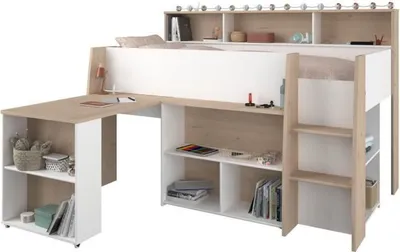 Produktbild von Kombibett für Kinder mit ausziehbarem Schreibtisch – Weiß und Eiche – 90 x 200 cm – Boxspring inklusive – THEO