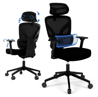 Produktbild von Ergonomischer Bürostuhl, Gaming-Stuhl mit verstellbarer Kopfstütze und 3D-Armlehnen, Drehstuhl mit Lendenwirbelstütze, Schwarz