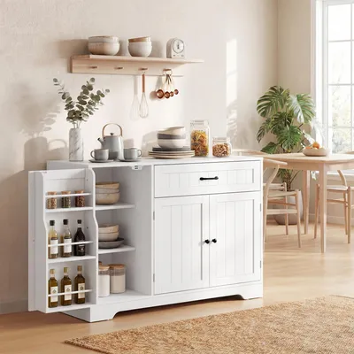 Produktbild von Sideboard Weiß 110 cm Küchenschrank mit 3 Soft-Close Türen & Schublade, Modernes Buffet Anrichte aus Holzwerkstoff mit Türregalen für Küche & Wohnzimmer