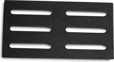 A black cast iron grate with six rectangular slots.