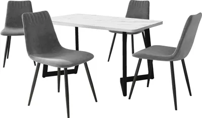 Produktbild von Esstisch und Stuhl Set (1+4) Moderner Esstisch und Stuhl Set Esstisch mit 4 Esszimmerstühlen MDF Esstisch mit Stühlen Grau Samt Schwarz Bein
