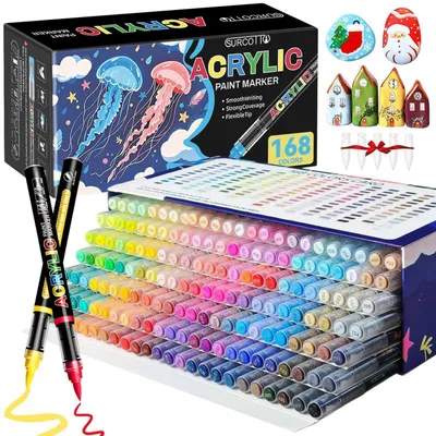 Produktbild von Acrylstifte 168 Farben Pinselspitze Acrylmarker Set für Holz, Leinwand, Steine, Glas, Stoff