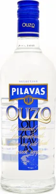 A bottle of Ouzo Pilavas on a white background.